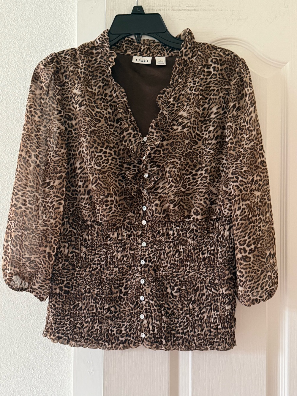 Cato Leopard Print Blouse Large Ruffle Smocked Waist 3/4 Sleeve